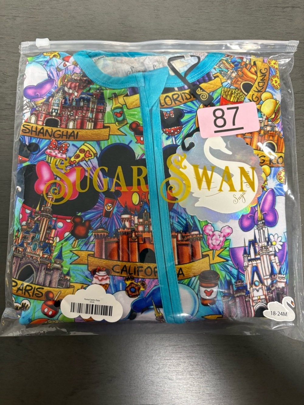 Sugar Swan Disney Parks Bamboo Zippy 18-24M NIB Castle Print